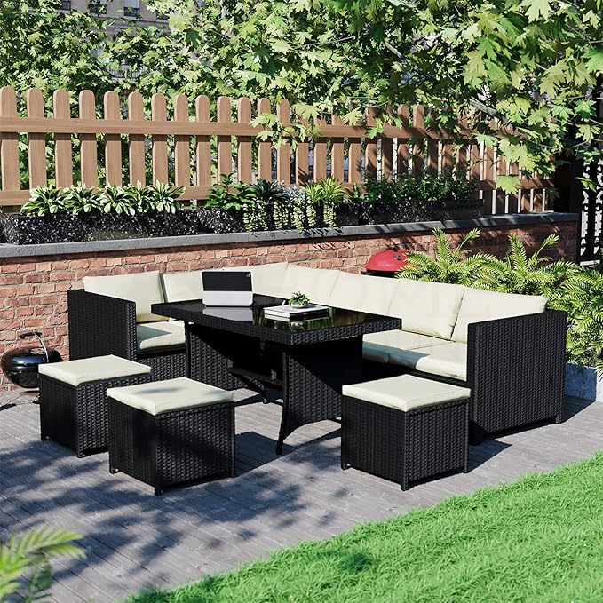 LOCCUS Outdoor Patio Furniture 6 Piece Dining Sectional Sofa with Table and Chair