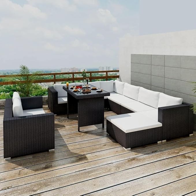 LOCCUS Wicker Patio Dining Set, 6PCS Outdoor L Shape Rattan Sofa Set