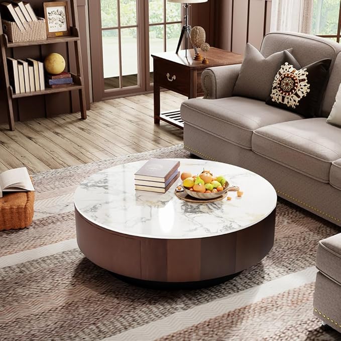 WOODEN SPACE Round Marble-Top Wooden Center Table